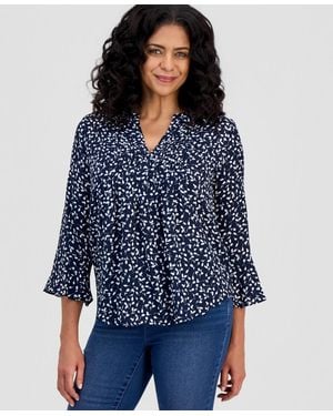 Style & Co. Printed Pintuck Ruffle Sleeve Top - Blue