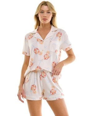 Jaclyn Intimates Short-sleeve Notch Collar Top And Shorts - White