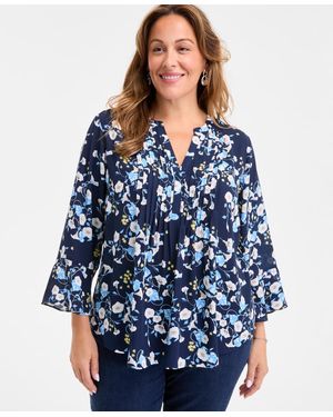 Style & Co. Plus Size Morning Glories Pintuck Top - Blue