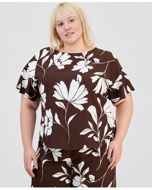 Anne Klein Plus Size Printed Flutter-sleeve Top - Black