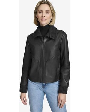 Andrew Marc Black Label Andrew Marc Label Beatrix Rib-knit Trimmed Leather Jacket - Black