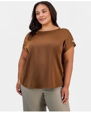 Jones New York Plus Size Satin Short-sleeve Shoulder Button Detail Blouse - Brown