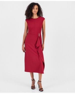 Anne Klein Cocktail Fitted Cascade Ruffle Midi Dress - Red