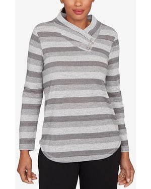 Ruby Rd. Petite Metallic Stripe Button Accent Knit Top - Gray