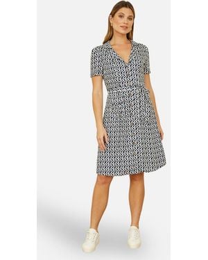 Yumi' Geo Print Retro Style Shirt Dress - Blue