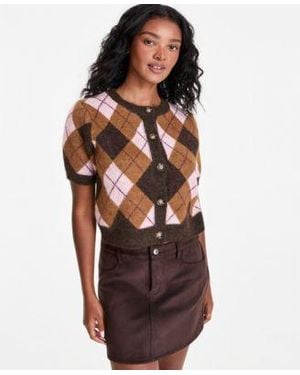 And Now This Now This Plaid Short Sleeve Button Front Cardigan Macys Exclusive - Brown