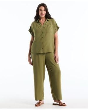 Rafaella Plus Size Roll Short Sleeve Shirt Drawstring Wide Leg Pants - Green