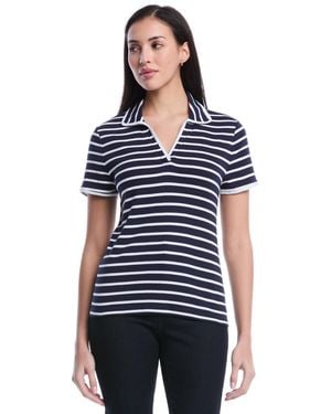 Rafaella Petite Striped Contrast Trim Johnny Collar Short Sleeve Polo Shirt - Blue