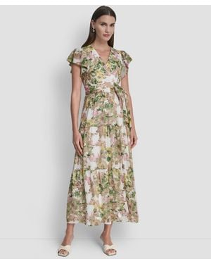 DKNY V-neck Tiered Long Dress - Metallic