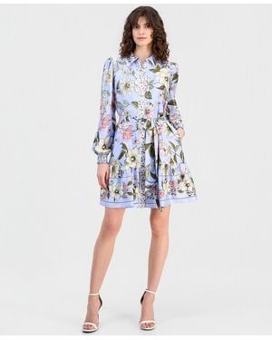 Anne Klein Floral Print Blouson-sleeve Shirtdress - Blue