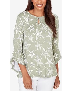 Ruby Rd. Plus Size Starfish Puff Print Flutter Sleeve Top - Green