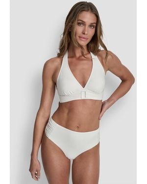 DKNY Shirred Buckle Front V Neck Halter Top Bottoms - White