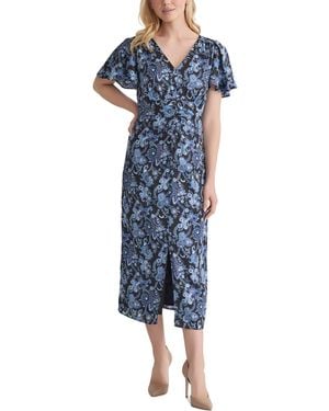 Jones New York Petite Printed Flutter-sleeve Shirred Dress - Blue