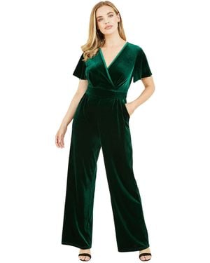 Yumi' Angel Sleeve Velvet Jumpsuit - Green
