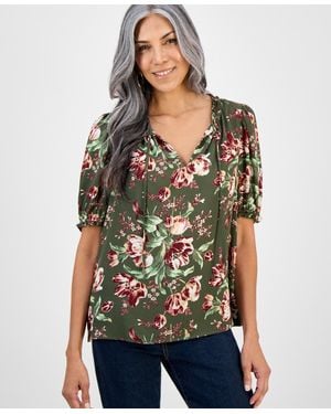 Style & Co. Printed Ruffle Puff-sleeve Top - Green