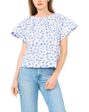 Cece Floral Ruffle-sleeve Crewneck Cotton Top - Blue