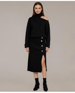 Modenaire Lottie Asymmetric Turtleneck Pullover And Midi Skirt Set - Black