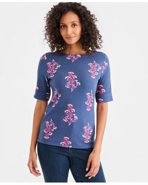 Style & Co. Printed Boat-neck Elbow-sleeve Top - Blue