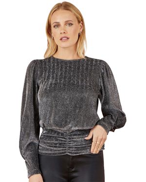 Yumi' Metallic Stretch Ruched Hem Top - Gray