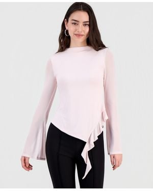 BarIII Mock-neck Asymmetrical Ruffled-hem Top - White