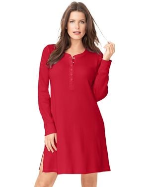 Dreams & Co. Plus Size Thermal Henley Sleepshirt - Red