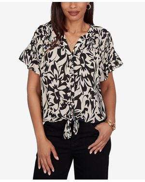 Ruby Rd. Petite Mono Floral Button Tie-front Blouse - Black