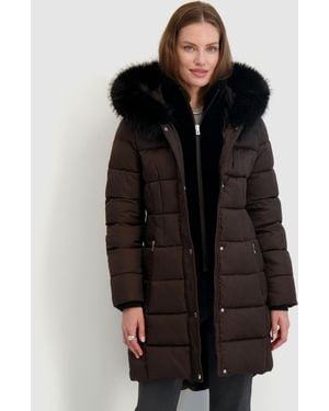 Tahari Velvet Bibbed Faux-fur Hooded Puffer Coat - Black