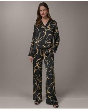 Donna Karan Button Up Top Printed Wide Leg Pull On Pants - Gray
