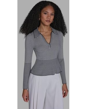BCBGMAXAZRIA Collared Striped Polo Top - Gray