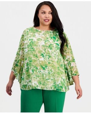 Kasper Plus Size Printed Boat-neck Ruffle-sleeve Blouse - Green