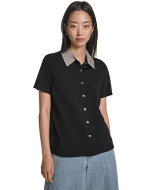 KARL LAGERFELD Petite Crystal Collar Short Sleeve Blouse - Black