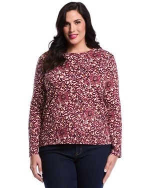 Rafaella Plus Size Elegant Print Laced Crew Neck Long Sleeve Top - Red