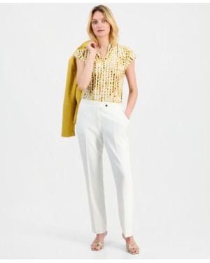 Kasper Notch Collar One Button Blazer V Neck Pull On Blouse Mid Rise Straight Leg Pants - White