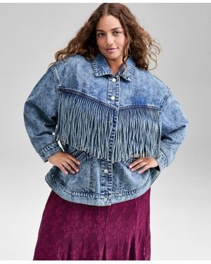 And Now This Trendy Plus Size Fringe-trim Cotton Denim Jacket - Blue