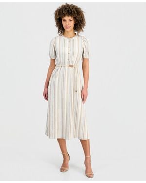 Kasper Striped Puff-sleeve Midi Shirtdress - White