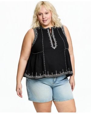 And Now This Trendy Plus Embroidered Cotton Sleeveless Top - Black
