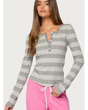 Edikted Dea Striped Long-sleeve Henley T-shirt - Gray