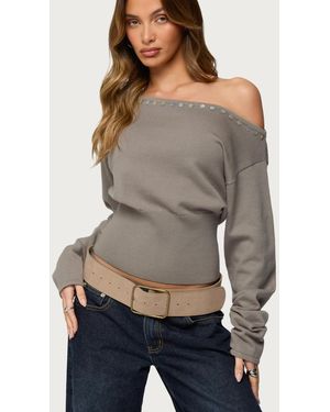 Edikted Carmela Iridescent Button Off Shoulder Sweater - Gray