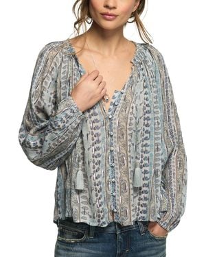 Lucky Brand Shine Long-sleeve V-neck Print Blouse - Gray