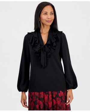 Kasper Petite Solid Georgette Ruffle-neck Blouse - Black