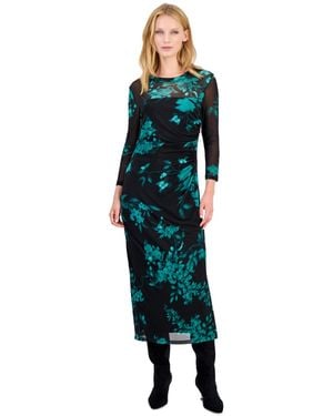 Anne Klein Petite Mesh Side Ruche Floral Midi Dress - Green