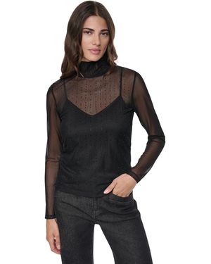 DKNY Embellished Sheer Mesh Top - Black