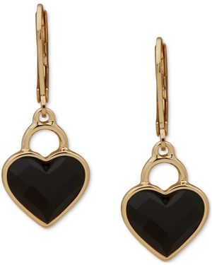 Anne Klein Gold-tone Stone Heart Motif Dangling Drop Earrings - Black