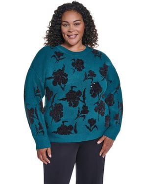 KARL LAGERFELD Plus Size Long-sleeve Floral-print Sweater - Blue