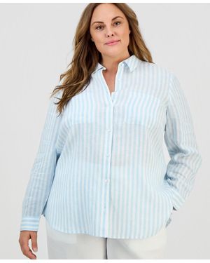 Charter Club Plus Size 100% Linen Striped Button-front Shirt - Blue