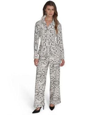 Halston Printed Button Front Shirt Printed High Rise Wide Leg Pants - Gray