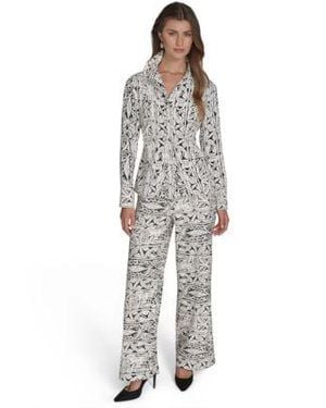 Halston Printed Button Front Shirt Printed High Rise Wide Leg Pants - Gray