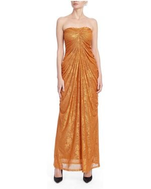 Badgley Mischka Strapless Ruched Jacquard Mesh Gown - Orange