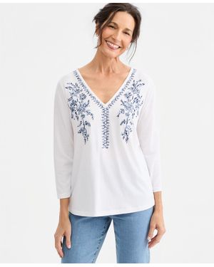 Style & Co. Long-sleeve Embroidered Knit Top - White