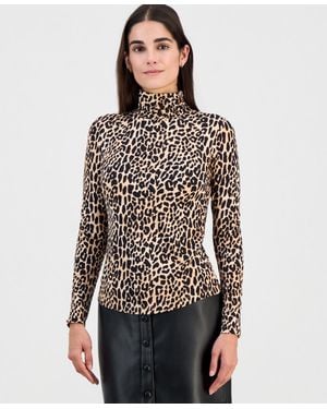 Tahari Printed Shirred Turtleneck Top - Brown